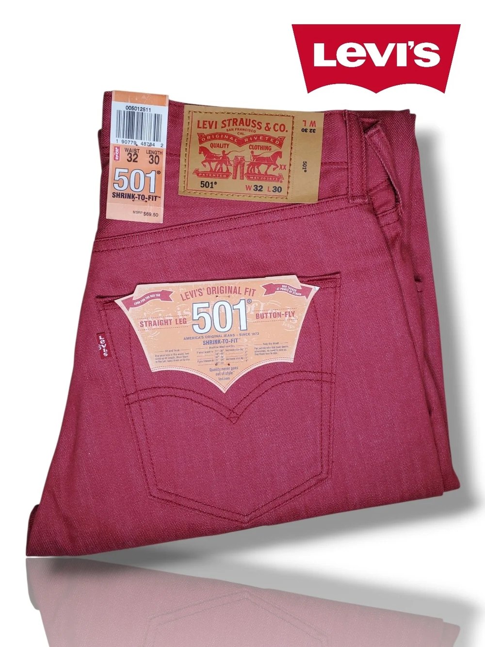 NWT Levi's 501 Men's Red New Straight-Leg Jeans Size 32x30 Shrink-to-Fit